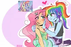 Size: 1800x1200 | Tagged: safe, artist:scisetstarlight, derpibooru import, idw, fluttershy, rainbow dash, human, equestria girls, g4, blushing, butterfly hairpin, duo, duo female, eye clipping through hair, eyebrows, eyebrows visible through hair, eyeshadow, female, floating heart, flutterdash, hand on face, hand on shoulder, heart, image, jpeg, lesbian, looking at each other, looking at someone, makeup, ponytail, scene interpretation, shipping, signature, sitting, smiling, smiling at each other