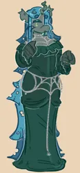 Size: 400x863 | Tagged: safe, artist:lichenbug, artist:tottallytoby, derpibooru import, part of a set, queen chrysalis, anthro, changeling, changeling queen, g4, a better ending for chrysalis, alternate design, alternate universe, beanbrows, body chain, changeling horn, clothes, colored eyebrows, colored eyelashes, dot eyes, dress, eyebrows, eyeshadow, fangs, female, gala dress, gala outfit, gloves, gray body, green dress, green eyelashes, green eyes, green eyeshadow, horn, image, jewelry, jpeg, long dress, long mane, long tail, looking back, looking to the left, makeup, orange background, raised arm, sideways glance, simple background, standing, straight mane, straight tail, tail, teal mane, teal tail, three quarter view, torn ear, two toned mane, two toned tail, wall of tags