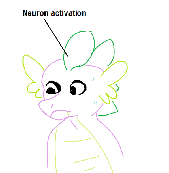 Size: 597x611 | Tagged: safe, artist:tjpones, derpibooru import, spike, dragon, g4, bust, image, male, meme, neuron activation, png, ponified meme, simple background, solo, sweat, text, white background