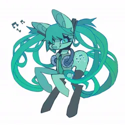 Size: 1058x1058 | Tagged: safe, artist:cutesykill, derpibooru import, ponified, earth pony, pony, bangs, big ears, black socks, blue coat, blue eyes, blue mane, blue sclera, blue tail, clothes, coat markings, colored pinnae, colored sclera, eyelashes, facial markings, female, hair accessory, hatsune miku, headphones, headphones around neck, image, jpeg, long legs, long mane, long socks, long tail, mane accessory, mare, necktie, no catchlights, pigtails, rearing, simple background, slender, slit pupils, smiling, snip (coat marking), socks, solo, tail, thick eyelashes, thin, thin legs, twintails, vest, vocaloid, white background