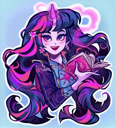 Size: 1831x2048 | Tagged: safe, artist:libbly_libby, derpibooru import, twilight sparkle, human, equestria girls, g4, book, female, glow, glowing horn, horn, image, jpeg, magic, magic book, open mouth, open smile, outline, smiling, solo, white outline