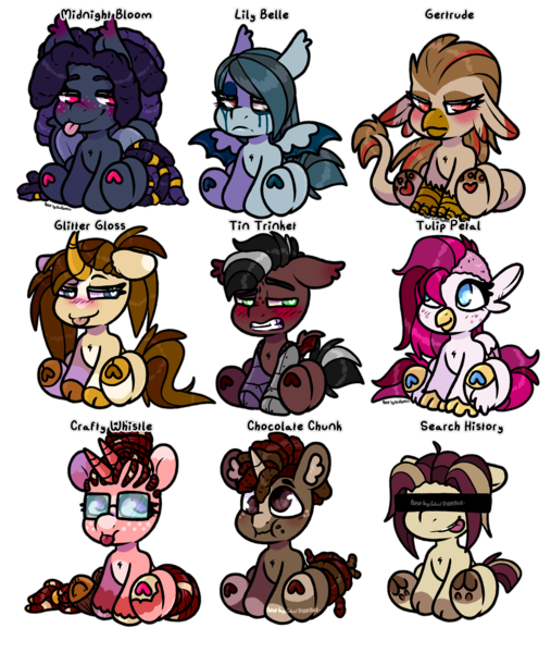 Size: 4020x4755 | Tagged: safe, artist:sexygoatgod, derpibooru import, oc, oc:chocolate chunk, oc:crafty whistle, oc:gertrude, oc:glitter gloss, oc:lily belle, oc:midnight bloom, oc:search history, oc:tin trinket, oc:tulip petal, unofficial characters only, bat pony, bicorn, earth pony, gryphon, hippogriff, hybrid, pegasus, pony, unicorn, adoptable, amputee, censor bar, censored, censored eyes, chibi, female, horn, image, male, multiple horns, pegabat, png, prosthetic leg, prosthetic limb, prosthetics, simple background, transparent background