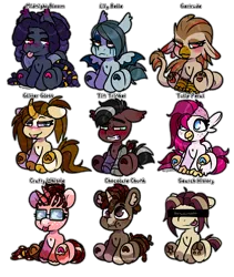 Size: 4020x4755 | Tagged: safe, artist:sexygoatgod, derpibooru import, oc, oc:chocolate chunk, oc:crafty whistle, oc:gertrude, oc:glitter gloss, oc:lily belle, oc:midnight bloom, oc:search history, oc:tin trinket, oc:tulip petal, unofficial characters only, bat pony, bicorn, earth pony, gryphon, hippogriff, hybrid, pegasus, pony, unicorn, adoptable, amputee, censor bar, censored, censored eyes, chibi, female, horn, image, male, multiple horns, pegabat, png, prosthetic leg, prosthetic limb, prosthetics, simple background, transparent background