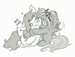 Size: 4096x3111 | Tagged: safe, artist:opalacorn, derpibooru import, oc, oc:void, unofficial characters only, pegasus, pony, crying, duo, duo female, female, flapping, floating heart, grayscale, heart, hug, image, jpeg, mare, monochrome, simple background, spread wings, white background, wings