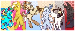 Size: 1938x799 | Tagged: safe, artist:ghoulette0884, derpibooru import, oc, unofficial characters only, earth pony, eevee, pony, semi-anthro, unicorn, group, horn, image, png, pokémon, smiling