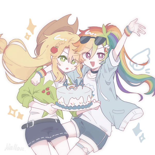 Size: 3537x3537 | Tagged: safe, artist:benyingxinruhuai, derpibooru import, applejack, rainbow dash, human, equestria girls, g4, :d, :o, anime, anime style, appledash, cake, clothes, duo, duo female, female, food, glasses, holding, humanized, image, jacket, lesbian, open mouth, open smile, png, raised arm, shipping, simple background, smiling, sunglasses, sunglasses on head, white background