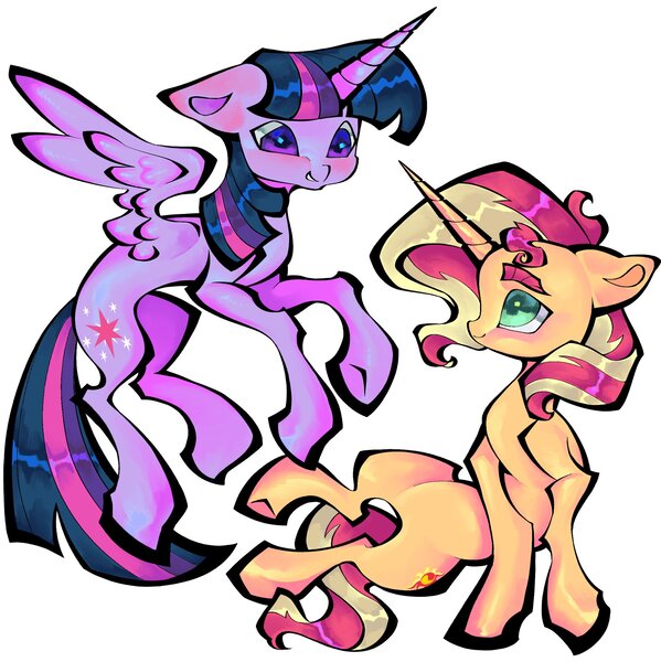 Size: 2046x2048 | Tagged: safe, artist:broniesforponies, derpibooru import, sunset shimmer, twilight sparkle, twilight sparkle (alicorn), alicorn, pony, unicorn, g4, duo, duo female, female, horn, image, jpeg, lesbian, looking at each other, looking at someone, mare, shipping, simple background, smiling, sunsetsparkle, white background