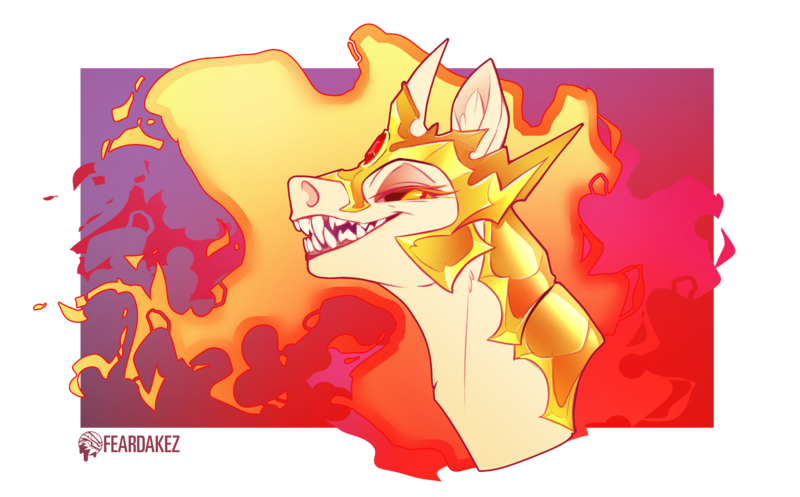 Size: 2931x1822 | Tagged: safe, artist:kez, derpibooru import, daybreaker, alicorn, pony, abstract background, armor, bust, colored, criniere, ear fluff, eyelashes, fangs, fiery mane, frame, grin, helmet, high res, horn, image, lidded eyes, looking at you, neck armor, neck fluff, open mouth, png, portrait, shading, sharp teeth, short horn, signature, smiling, solo, sternocleidomastoid, teeth, toothy grin