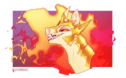 Size: 2931x1822 | Tagged: safe, artist:kez, derpibooru import, daybreaker, alicorn, pony, abstract background, armor, bust, colored, criniere, ear fluff, eyelashes, fangs, fiery mane, frame, grin, helmet, high res, horn, image, lidded eyes, looking at you, neck armor, neck fluff, open mouth, png, portrait, shading, sharp teeth, short horn, signature, smiling, solo, sternocleidomastoid, teeth, toothy grin