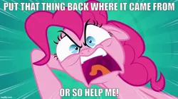 Size: 888x499 | Tagged: safe, derpibooru import, screencap, pinkie pie, g4, pinkie pride, angry, caption, image, image macro, imgflip, jpeg, monsters inc., movie reference, text