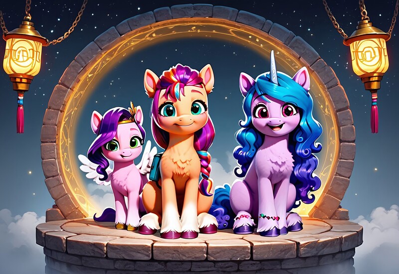 Size: 3072x2112 | Tagged: safe, ai content, derpibooru import, machine learning generated, prompter:kluknawa235, stable diffusion, izzy moonbow, pipp, pipp petals, sunny starscout, earth pony, pegasus, unicorn, g5, chest fluff, cloud, female, gate, horn, image, jpeg, lamp, pipp is short, pipp is smol, sitting, smiling, stars, trio, trio female, wings