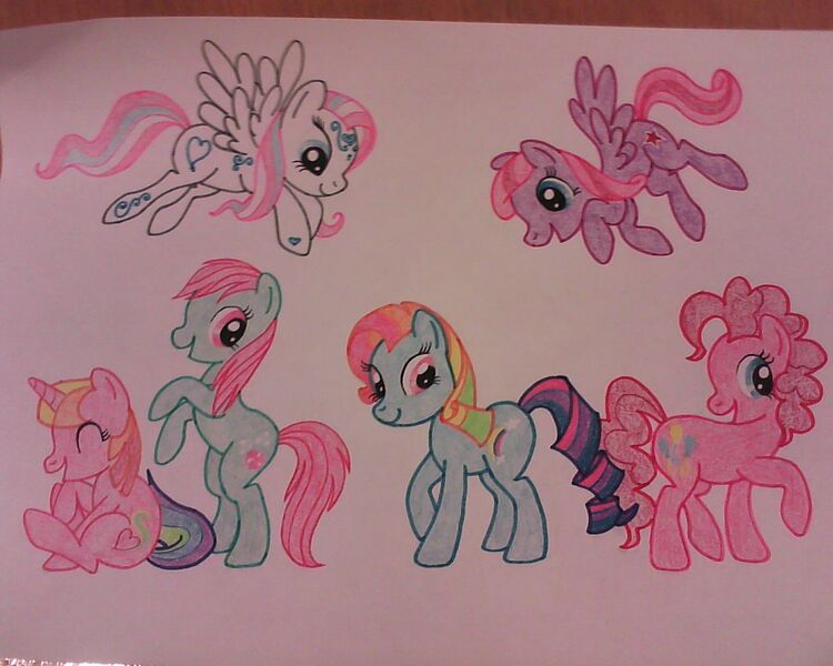 Size: 1280x1024 | Tagged: artist needed, safe, derpibooru import, minty, pinkie pie, rainbow dash (g3), rarity (g3), star catcher, starsong, earth pony, pegasus, pony, unicorn, g3, g4, bipedal, coat markings, colored pencils, curly hair, curly mane, curly tail, drawing, eyes closed, female, flying, g3 to g4, generation leap, group, horn, image, jpeg, laughing, looking down, multicolored hair, open mouth, open smile, rainbow hair, rainbow tail, raised hoof, raised leg, rarity's mane, sitting, smiling, standing, tail, traditional art, walking, wings