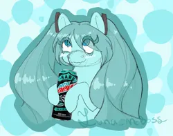 Size: 1428x1123 | Tagged: safe, artist:luna_mcboss, derpibooru import, earth pony, pony, alcohol, blue background, blue coat, blue eyes, blue mane, blushing, bust, drink, drunk, eye clipping through hair, hatsune miku, holding, image, jpeg, long hair, looking up, mountain dew, pigtails, simple background, swirly eyes, twintails, vocaloid