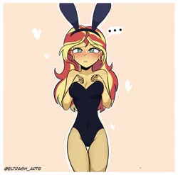 Size: 2048x2021 | Tagged: suggestive, alternate version, artist:eltrash_art6, derpibooru import, sunset shimmer, equestria girls, g4, ..., black leotard, blushing, breasts, bunny ears, bunny suit, clothes, female, gritted teeth, heart, image, jpeg, legs together, nylon, orange background, playboy bunny, playboy bunny sunset shimmer, simple background, solo, solo female, sunset's leotard, teeth