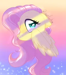 Size: 1238x1408 | Tagged: safe, artist:flutterbug18, derpibooru import, fluttershy, pegasus, pony, g4, bust, cute, female, floppy ears, gradient background, hair over one eye, image, looking at you, mare, png, shyabetes, signature, smiling, smiling at you, solo