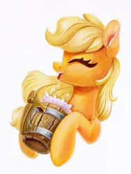 Size: 900x1200 | Tagged: safe, artist:maytee, derpibooru import, applejack, earth pony, pony, g4, apple cider, cider, cider mug, colored pencil drawing, eyes closed, female, hatless, image, jpeg, mare, missing accessory, mug, open mouth, open smile, simple background, smiling, solo, traditional art, white background