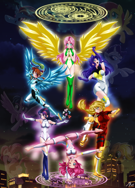 Size: 3189x4427 | Tagged: safe, alternate version, artist:mauroz, derpibooru import, applejack, fluttershy, pinkie pie, rainbow dash, rarity, twilight sparkle, alicorn, earth pony, human, pegasus, pony, unicorn, absurd file size, anime, anime style, horn, humanized, image, mane six, png