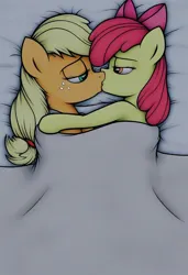 Size: 832x1216 | Tagged: suggestive, ai content, derpibooru import, generator:civitai, machine learning generated, prompter:nickdisneyfan78, stable diffusion, apple bloom, applejack, earth pony, pony, g4, apple sisters, applecest, bed, blanket, bloomjack, cuddling, cuddling in bed, duo, duo female, female, french kiss, generator:pony diffusion v6 xl, hug, image, incest, jpeg, kissing, lesbian, lidded eyes, mare, on bed, ship:bloomjack, shipping, siblings, sisters