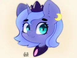 Size: 4000x3000 | Tagged: safe, artist:zokkili, derpibooru import, princess luna, pony, g4, blush lines, blushing, bust, crescent moon, crown, cute, ear fluff, eyebrows, eyebrows visible through hair, female, high res, image, jewelry, jpeg, looking at you, lunabetes, moon, peytral, portrait, regalia, signature, simple background, smiling, smiling at you, solo, sparkly eyes, wingding eyes