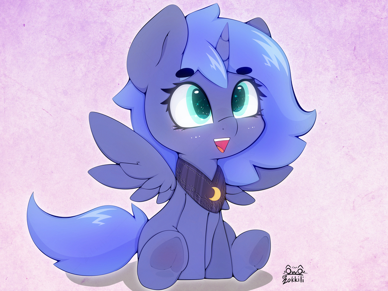 Size: 4000x3000 | Tagged: safe, artist:zokkili, derpibooru import, princess luna, alicorn, pony, g4, cute, eyebrows, eyebrows visible through hair, female, filly, filly luna, high res, horn, image, jpeg, lunabetes, open mouth, open smile, peytral, signature, sitting, smiling, spread wings, tail, underhoof, wings, woona, younger