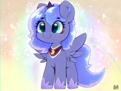 Size: 4000x3000 | Tagged: safe, artist:zokkili, derpibooru import, princess luna, alicorn, pony, g4, crown, cute, ear fluff, eyebrows, eyebrows visible through hair, female, heart, high res, hoof shoes, horn, image, jewelry, jpeg, lunabetes, mare, peytral, princess shoes, regalia, signature, smiling, solo, spread wings, tail, wings