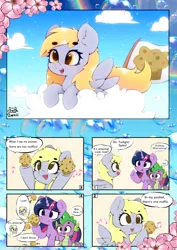 Size: 3870x5463 | Tagged: safe, artist:zokkili, derpibooru import, derpy hooves, spike, twilight sparkle, dragon, pegasus, pony, unicorn, g4, absurd resolution, blushing, cloud, comic, dialogue, ear fluff, english, eye clipping through hair, eyebrows, eyebrows visible through hair, female, folded wings, food, horn, image, jpeg, lying down, lying on a cloud, male, mare, muffin, music notes, on a cloud, open mouth, open smile, outdoors, prone, raised hoof, sky, smiling, speech bubble, spread wings, that pony sure does love muffins, underhoof, unicorn twilight, wings