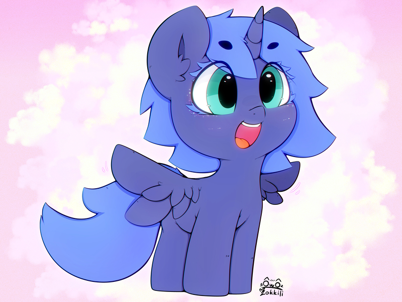 Size: 4000x3000 | Tagged: safe, artist:zokkili, derpibooru import, princess luna, alicorn, pony, g4, cute, ear fluff, eyebrows, eyebrows visible through hair, female, filly, filly luna, high res, horn, image, jpeg, lunabetes, open mouth, open smile, signature, smiling, solo, spread wings, tail, wings, woona, younger