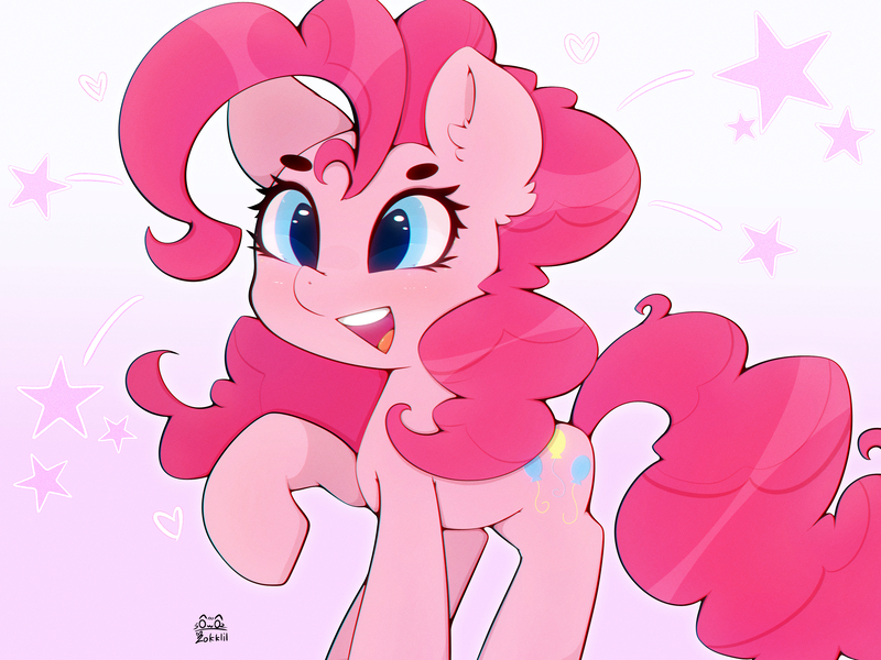 Size: 4000x3000 | Tagged: safe, artist:zokkili, derpibooru import, pinkie pie, earth pony, pony, g4, ear fluff, female, high res, image, jpeg, mare, open mouth, open smile, raised hoof, signature, smiling, solo, tail