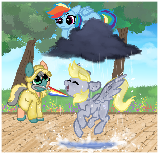 Size: 2192x2120 | Tagged: safe, artist:nootaz, derpibooru import, derpy hooves, rainbow dash, oc, oc:czairkolmoslink, pegasus, pony, g4, cloud, commission, image, png, puddle, rain, raincloud, raincoat, umbrella