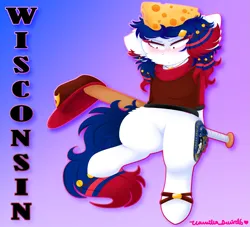 Size: 1573x1428 | Tagged: safe, artist:vanillaswirl6, derpibooru import, oc, oc:wisconsin, unofficial characters only, baseball bat, cheese, cheese hat, food, hat, image, png, simple background, united states, vanillaswirl6's state ponies, wisconsin