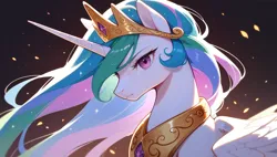 Size: 1920x1088 | Tagged: safe, ai content, derpibooru import, generator:tponynai3, machine learning generated, prompter:truekry, princess celestia, alicorn, g4, angry, close-up, ethereal mane, explosion, female, folded wings, horn, image, jewelry, looking at you, peytral, png, solo, tiara, wallpaper, wings