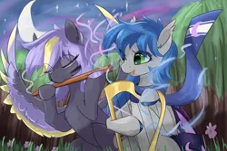 Size: 3000x2000 | Tagged: safe, artist:rainenight, derpibooru import, oc, oc:moonlit flower, oc:startlit classics, unofficial characters only, bat pony, pegasus, pony, female, flute, forest, harp, image, magic, mare, musical instrument, nature, png, tree