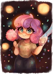 Size: 2841x3914 | Tagged: safe, artist:polnocnykot, derpibooru import, sweetie belle, human, unicorn, equestria girls, g4, blush lines, blushing, bracelet, celebration, child, clothes, commissioner:shaddar, confetti, cotton candy, crystal, cute, denim, dress, duo, evening, fanfic art, female, flower, freckles, glow, glowing eyes, hand, happy, illustration, image, jeans, jewelry, jpeg, lights, looking at you, offscreen character, pants, shirt, smiling, smiling at you, solo focus, sparkles, t-shirt, two toned hair