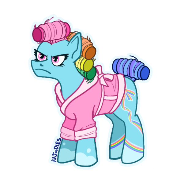 Size: 657x656 | Tagged: safe, derpibooru import, rainbow dash (g3), earth pony, pony, g3, alternate cutie mark, alternate design, bathrobe, clothes, female, g3 rainbow dash is not amused, hair curlers, image, mare, png, robe, simple background, solo, transparent background, unamused