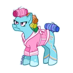 Size: 657x656 | Tagged: safe, derpibooru import, rainbow dash (g3), earth pony, pony, g3, alternate cutie mark, alternate design, bathrobe, clothes, female, g3 rainbow dash is not amused, hair curlers, image, mare, png, robe, simple background, solo, transparent background, unamused