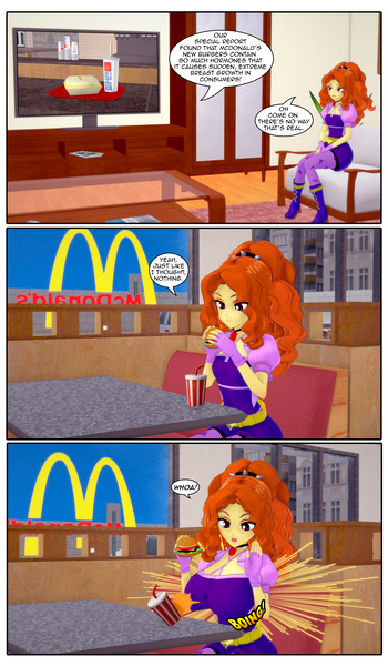 Size: 2662x4568 | Tagged: questionable, artist:misunderstoodsecrets, derpibooru import, adagio dazzle, equestria girls, g4, 3d, big breasts, breast expansion, breasts, burger, busty adagio dazzle, comic, eating, female, food, growth, image, koikatsu, mcdonald's, png, small breasts, solo, solo female, television