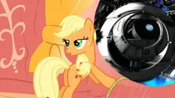 Size: 1280x720 | Tagged: safe, artist:poniesmeme20, derpibooru import, edit, edited screencap, screencap, applejack, earth pony, pony, g4, look before you sleep, bedroom eyes, exploitable meme, female, golden oaks library, image, jpeg, library, meme, portal, portal (valve), space core, window