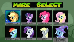 Size: 1280x720 | Tagged: safe, artist:umsx, derpibooru import, applejack, derpy hooves, fluttershy, pinkie pie, rainbow dash, rarity, trixie, twilight sparkle, earth pony, pegasus, pony, unicorn, applejack's hat, cape, character select, clothes, cowboy hat, hat, horn, image, mane six, mario kart, mario kart 64, png, super mario bros., trixie's cape, trixie's hat