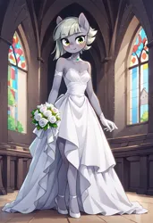 Size: 832x1216 | Tagged: safe, ai content, derpibooru import, machine learning generated, prompter:vtaviscratch, limestone pie, anthro, blushing, bouquet, clothes, cute, dress, flower, happy, image, innocent, jpeg, smiling, wedding dress