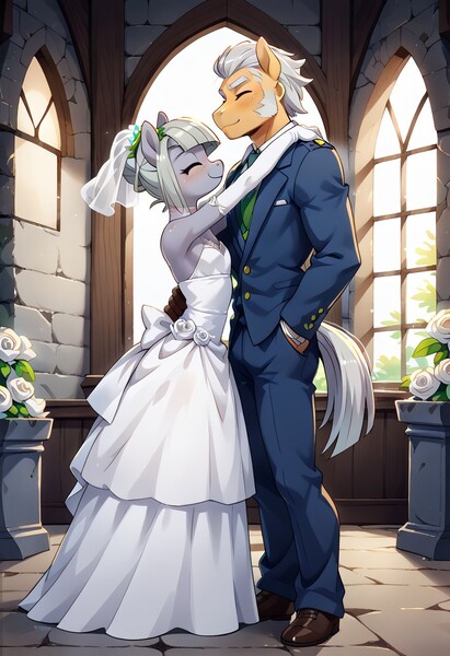 Size: 832x1216 | Tagged: safe, ai content, derpibooru import, machine learning generated, prompter:vtaviscratch, igneous rock pie, limestone pie, anthro, clothes, dress, father and child, father and daughter, female, happy, hug, image, jpeg, male, smiling, tuxedo, wedding dress