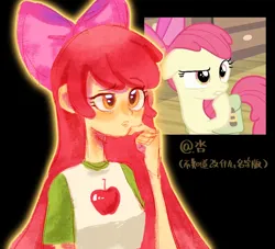 Size: 2360x2143 | Tagged: safe, artist:呇, derpibooru import, apple bloom, human, equestria girls, g4, black background, clothes, color outline, equestria girls interpretation, hand on chin, image, png, reference used, scene interpretation, shirt, simple background, solo, t-shirt