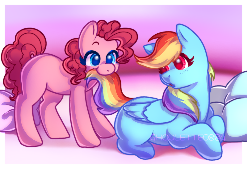 Size: 1104x755 | Tagged: safe, artist:ghoulette0884, derpibooru import, pinkie pie, rainbow dash, earth pony, pegasus, pony, g4, :o, blue coat, cute, duo, duo female, eating, female, image, looking at someone, nom, open mouth, passepartout, png, smiling, tail, tail in mouth