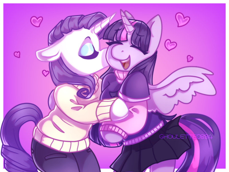 Size: 2048x1536 | Tagged: safe, artist:ghoulette0884, derpibooru import, rarity, twilight sparkle, twilight sparkle (alicorn), alicorn, anthro, unicorn, g4, clothes, duo, duo female, eyes closed, female, gradient background, horn, image, kiss on the cheek, kissing, lesbian, open mouth, open smile, pants, passepartout, pink background, png, ship:rarilight, shipping, shirt, simple background, skirt, smiling, white coat, wings