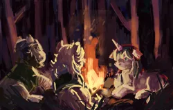 Size: 1944x1246 | Tagged: safe, artist:stickygooh, derpibooru import, oc, unofficial characters only, pony, unicorn, campfire, female, forest, horn, image, lying down, male, mare, nature, night, png, prone, stallion, tree, trio