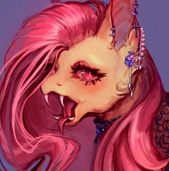 Size: 2517x2548 | Tagged: safe, artist:aisakoli, derpibooru import, fluttershy, bat pony, pony, g4, bat ponified, blue background, bust, choker, ear piercing, earring, fangs, female, flutterbat, image, jewelry, jpeg, mare, piercing, race swap, simple background, solo