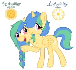 Size: 1545x1422 | Tagged: safe, derpibooru import, daisy, flower wishes, oc, oc:lackadaisy (fillyfool), oc:merriweather (fillyfool), unofficial characters only, pegasus, pony, unicorn, blue mane, body freckles, braid, conjoined, conjoined twins, cutie mark, duo, eyelashes, female, flower, folded wings, freckles, full body, green mane, hair tie, happy, hooves, horn, image, mare, multicolored hair, multicolored mane, multicolored tail, multiple heads, not an alicorn, open mouth, pink eyes, png, raised hoof, reference sheet, shy, siblings, sisters, smiley face, smiling, standing, sun, tail, tall, teal mane, twins, two heads, two toned hair, two toned mane, two toned tail, underhoof, waving, wings, yellow body