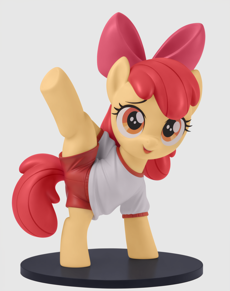 Size: 1900x2400 | Tagged: safe, ai content, anonymous prompter, derpibooru import, machine learning generated, apple bloom, earth pony, pony, clothes, female, figurine, filly, foal, hooves in air, image, png, raised leg, shirt, smiling, solo, t-shirt, workout