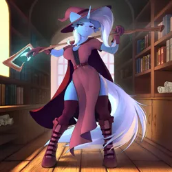 Size: 3200x3200 | Tagged: safe, artist:4m4i, derpibooru import, trixie, anthro, unguligrade anthro, unicorn, g4, book, bookshelf, boots, breasts, busty trixie, cape, clothes, female, gloves, hat, horn, image, indoors, looking at you, magic staff, png, shoes, socks, solo, staff, thigh highs, wizard hat