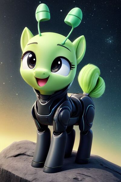 Size: 512x768 | Tagged: safe, ai content, derpibooru import, machine learning generated, prompter:chillyhooves, stable diffusion, alien, alien pony, antennae, cute, image, jpeg, open mouth, open smile, smiling, solo, space, spacesuit