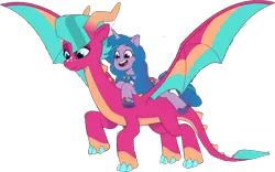 Size: 1368x855 | Tagged: safe, derpibooru import, edit, edited screencap, editor:pascalmulokozi2, screencap, izzy moonbow, dragon, pony, unicorn, g5, my little pony: tell your tale, background removed, blaize skysong, female, horn, image, mare, not a vector, png, ponies riding dragons, riding, simple background, transparent background